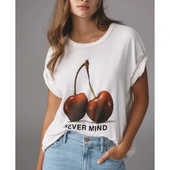 Mother The Sleep Over Tee Women Size M White New Cherry Never Mind T-Shirt - Picture 2 of 11